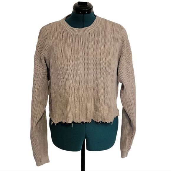 Eddie Bauer Crop Top Sweater Raw Hem Brown / Cream Cotton Knit Size XL - Picture 1 of 7